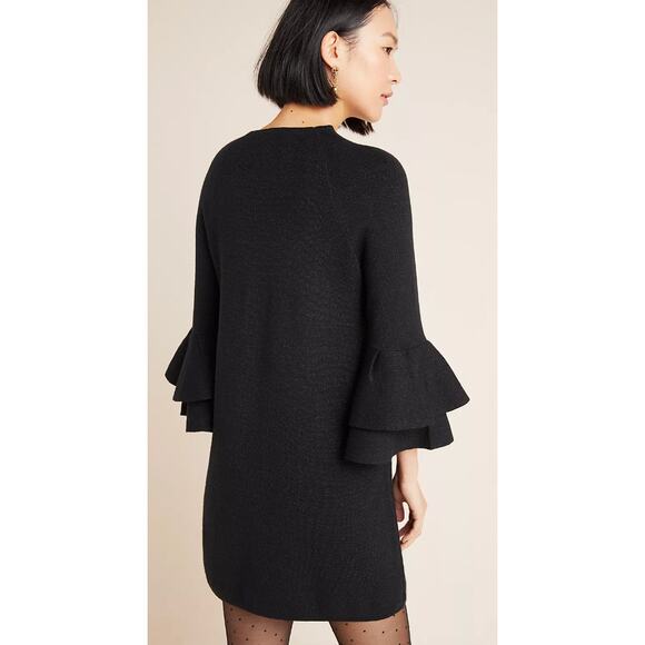 Anthropologie Claudett Knit Sweater Black Shimmer Ruffle Sleeve Mini Dress Large - Picture 3 of 5